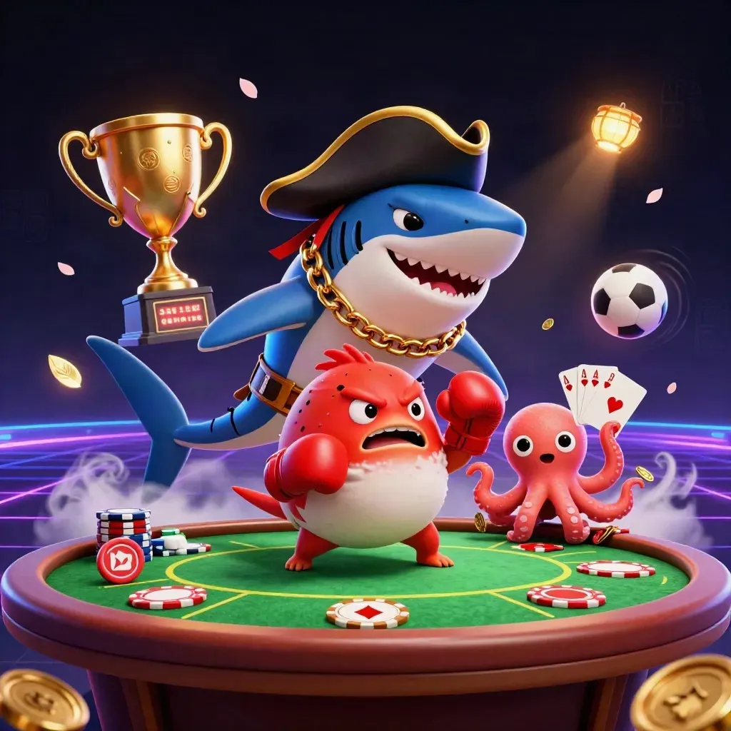 Pirate shark, boxing pufferfish, and juggling octopus amid poker, coins, and neon casino effects.