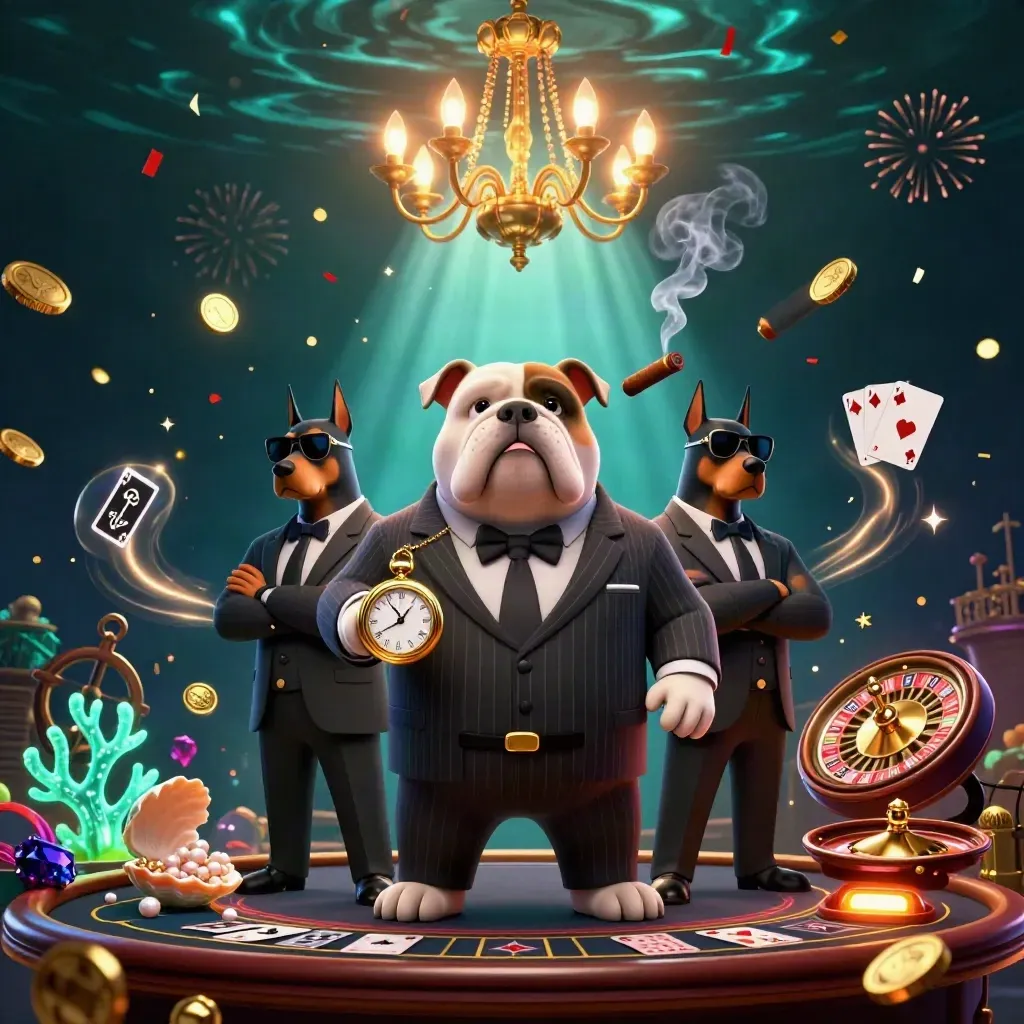 Cartoon mafia bulldog and Dobermans in an underwater casino with gold coins, coral, and glowing effects.