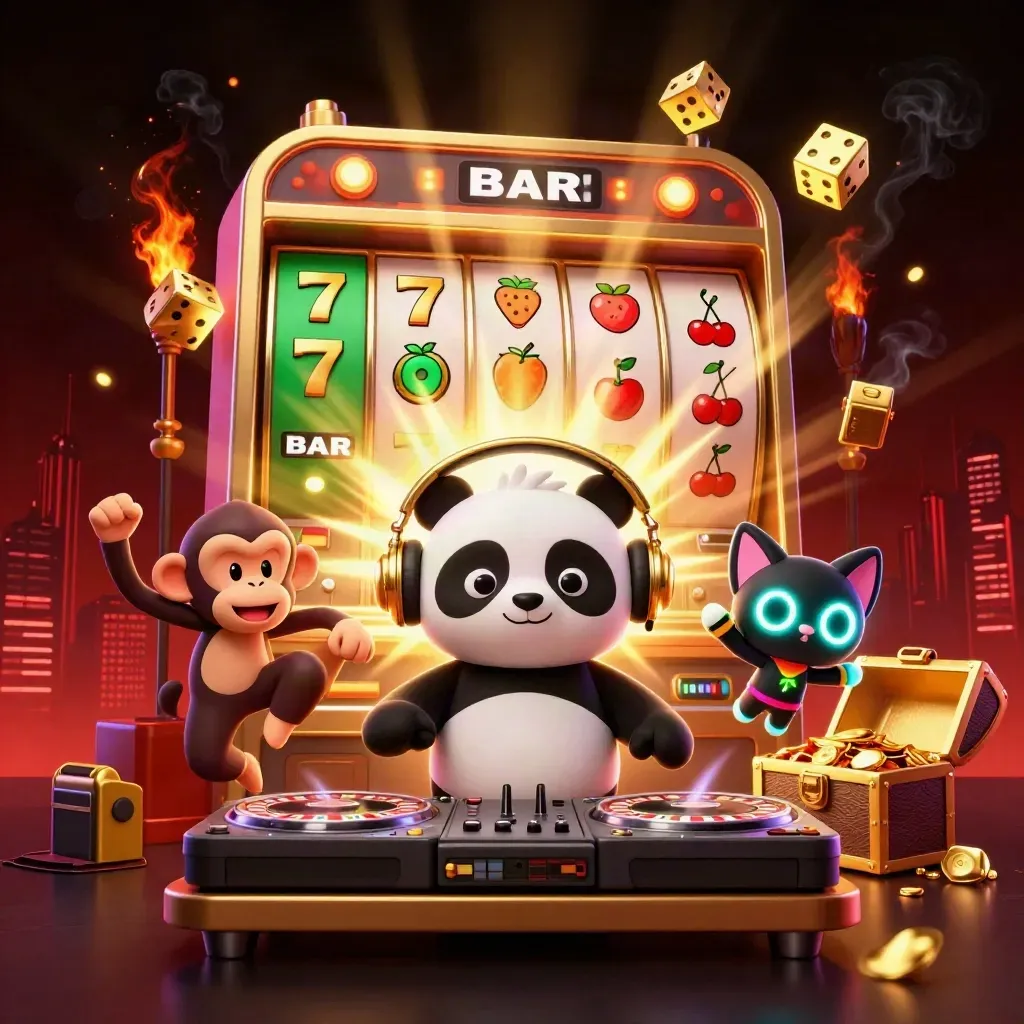Panda DJ, dancing monkey, and rave kitten amid exploding jackpot slot machine and gold in neon casino light.