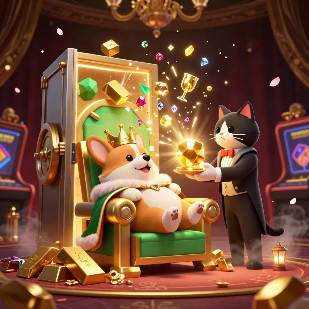 Royal corgi king and cat butler amid a bursting gold vault, gems, poker chips, and casino luxury.