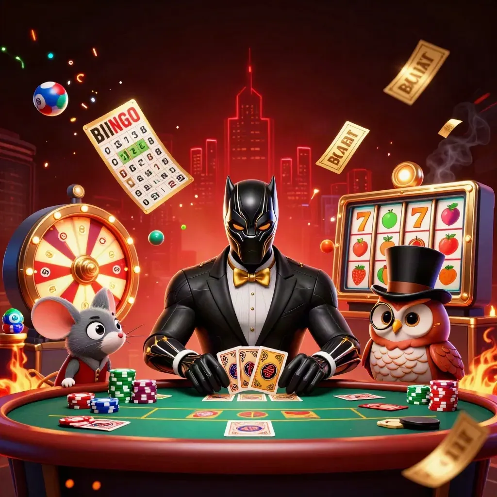 Panther, owl, and mouse amid jackpot cards, balls, wheel, chips, embers, and gold casino glow.