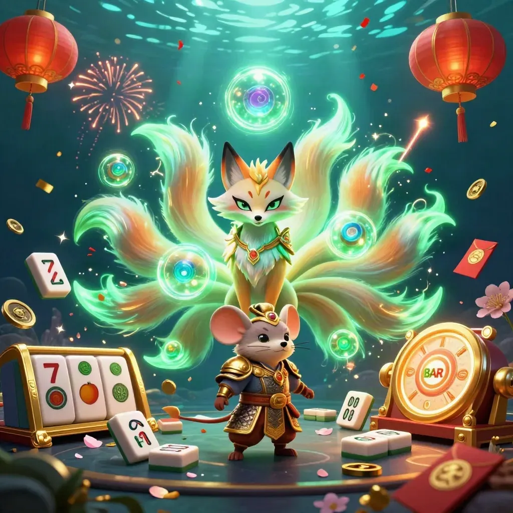 Nine-tailed fox spirit and armored mouse amid jackpot tiles, lanterns, coins, and emerald casino magic.