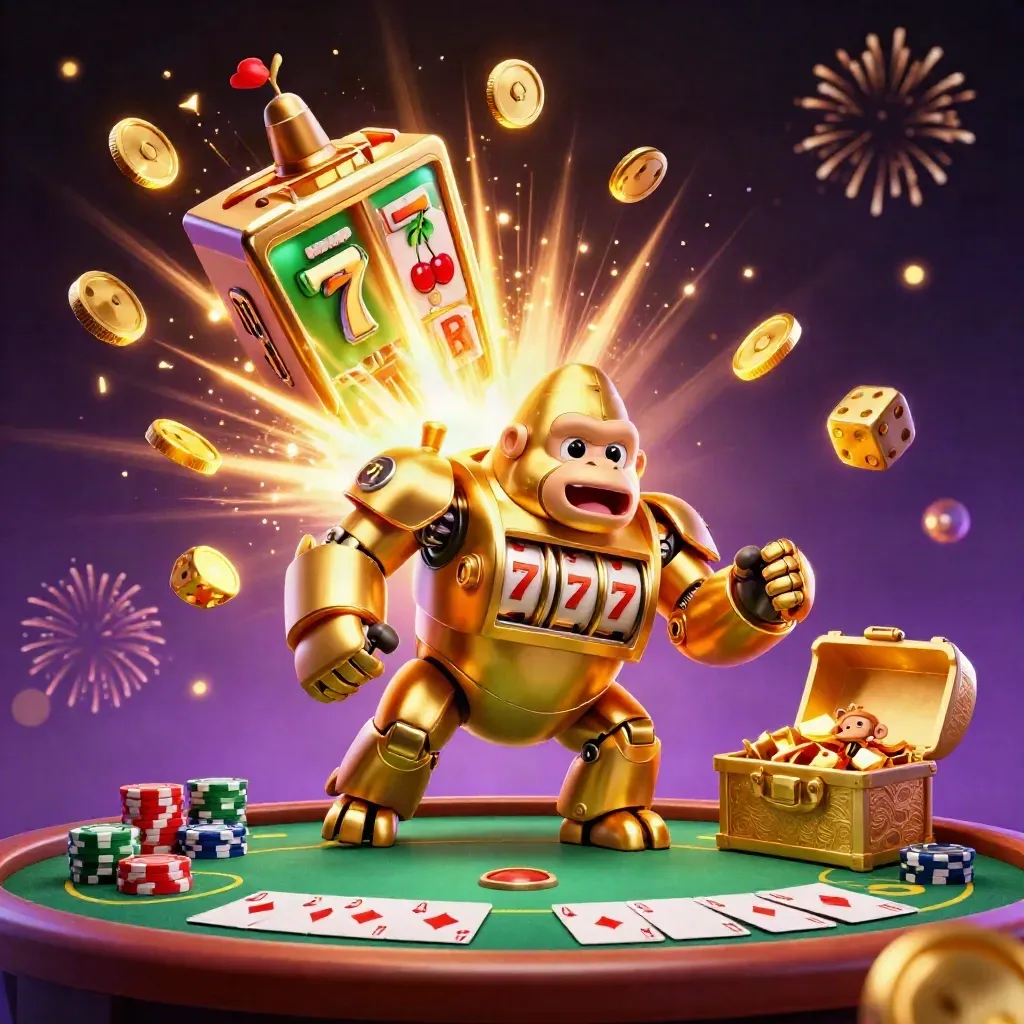Golden gorilla mech and monkey pilot burst through slots, coins, chips, and poker icons in fireworks.