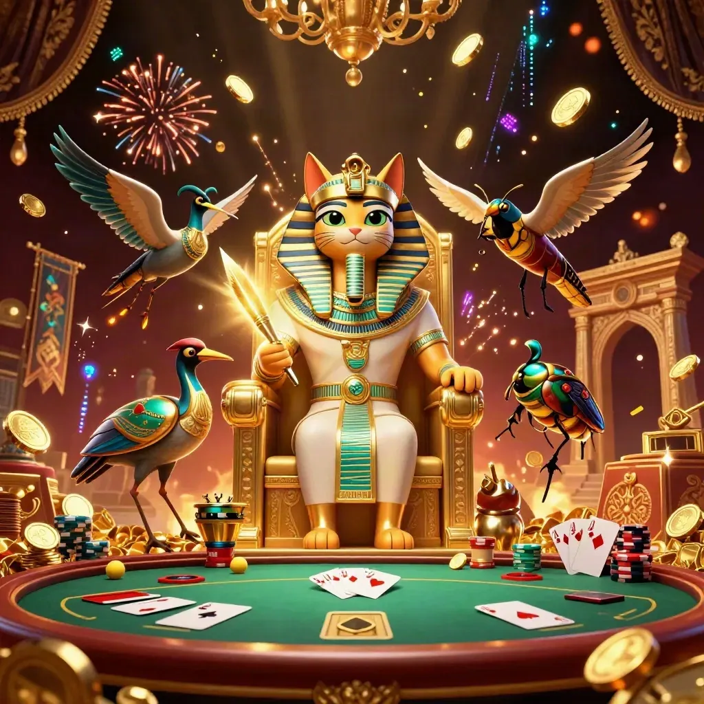 Pharaoh cat, ibis scribe and gem-winged scarabs amid gold coins, chips, and fireworks