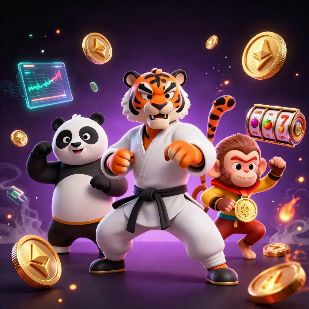 Tiger, panda, and monkey poker heroes amid neon coins, jackpots, and lightning