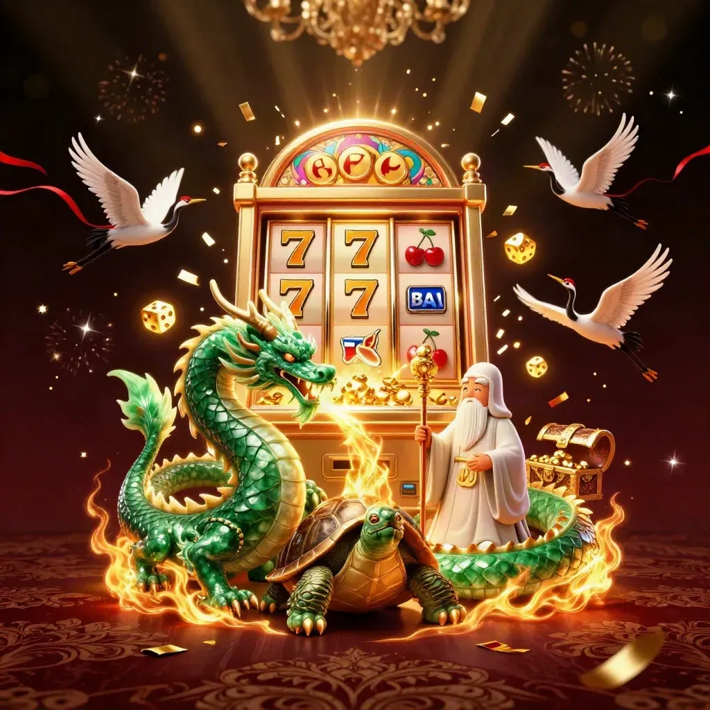 Emerald dragon, turtle sage, and cranes amid slot symbols, gold, and casino fireworks.